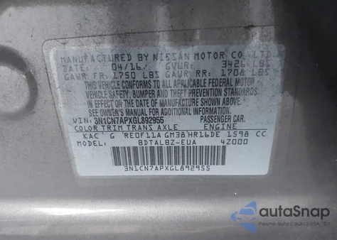 2016 Nissan Versa 1.6 Sv из США, поврежденный, VIN 3N1CN7APXGL892955